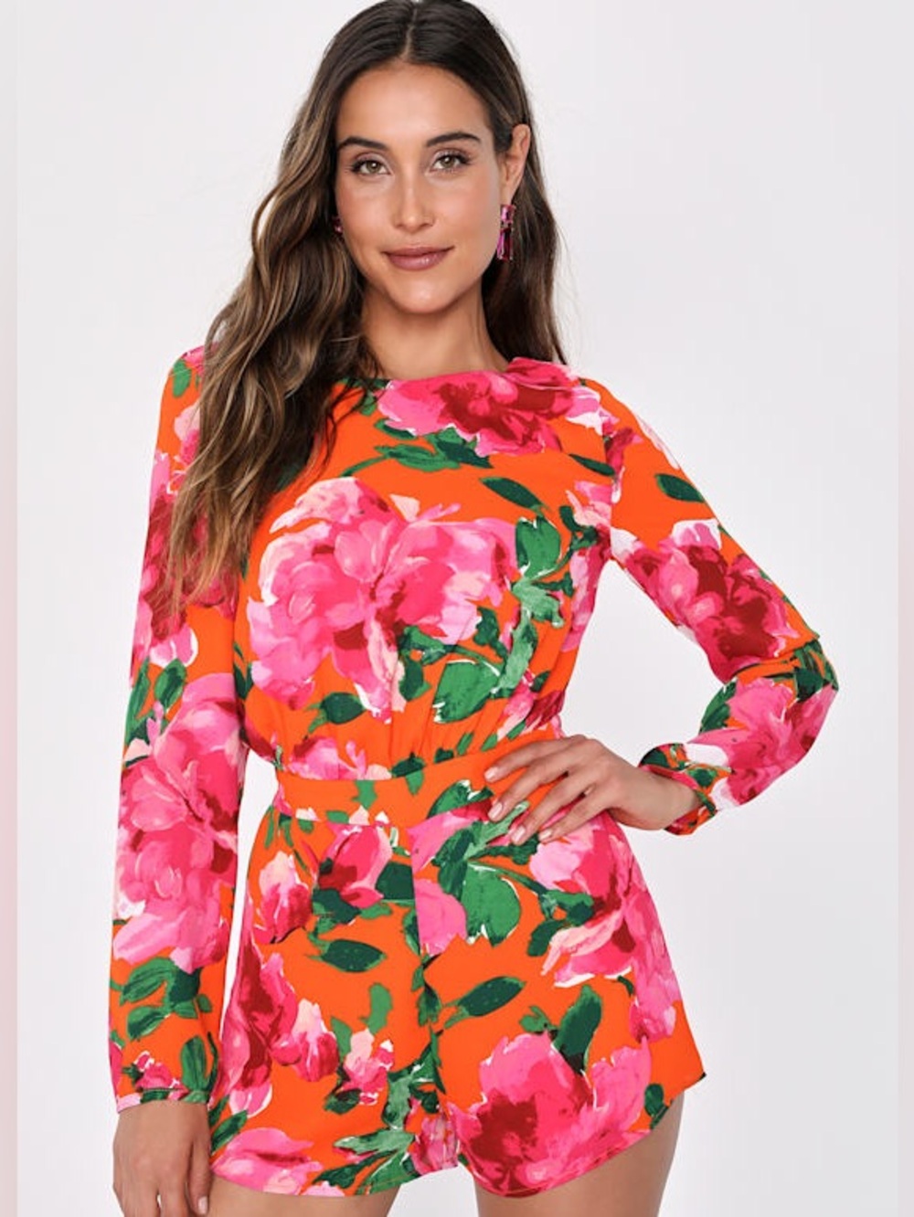 Lulu’s Sweetest Song Orange Floral Print Backless Long Sleeve Romper NWT Size S